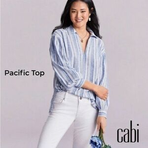 CAbi Blue and White Striped Linen Blouse